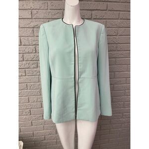 Kasper Women Long Sleeve Mint with Black Stitching Open Front Jacket Size 8